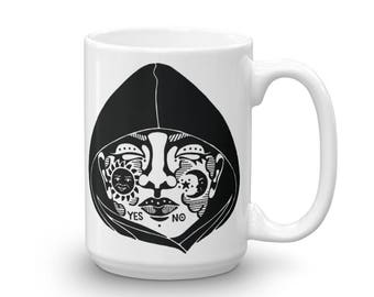 15 oz “Mysterious” Ceramic Mug, Ink Illustration, Inktober, Ouija Board