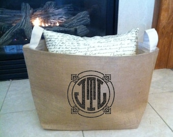 large lined burlap storage basket with circle monogram, burlap storage container