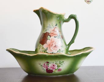 Rare 1930s Pitcher and Wash Bowl, Flora And Fauna Staffordshire England Pitcher and Wash Bowl, Green Pink, Red Roses Pitcher and Wash Bowl