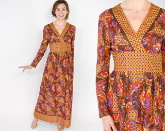 70s Print Maxi Dress | Fall Geometric Print Hostess Dress | Small