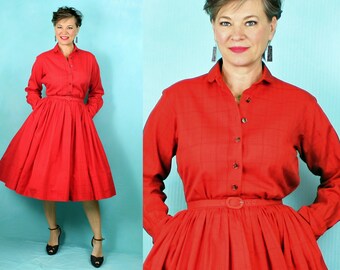 Anne Fogarty Dress / Shirt Waist Dress / 1950s Dress / 50s Dress / New Look Dress / Full Skirt Dress / Day Dress / Long Sleeve Dress / W 26"