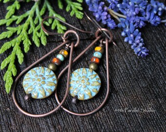 Boho Hoop Earrings, Boho Earrings, Boho Jewelry, Hippie Earrings, Hippie Jewelry, Flower Earrings, Copper Earrings, Copper Jewelry, Hoops