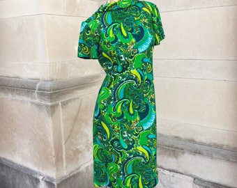 Vintage 60s Bright Blue and Green Crepe Wiggle Dress Medium