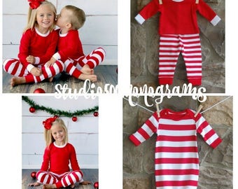 Red/White Stripe Kids/Baby/Doll Pajamas/Winter Pajamas/Monogrammed Pajamas/Sibling PJ's/Matching PJ's