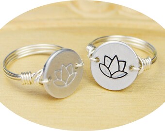 Yoga Lotus Flower Ring-Hand Stamped Silver, Yellow, OR Rose Gold Filled Wire Wrapped Ring- Any Size 4, 5, 6, 7, 8, 9, 10, 11, 12, 13, 14