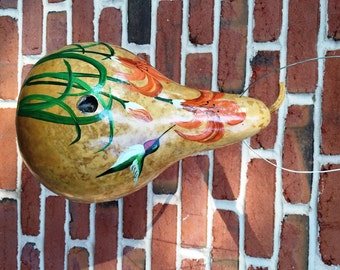 Handpainted Gourd Birdhouse with Hummingbirds and Lilies