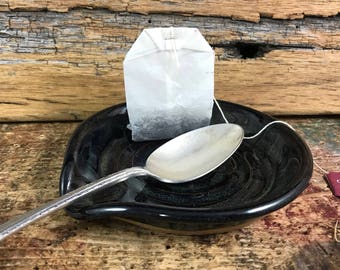 Ceramic Spoon Rest / Tea Bag Rest / Blue Brown Pottery Spoon Rest / Rustic Kitchen