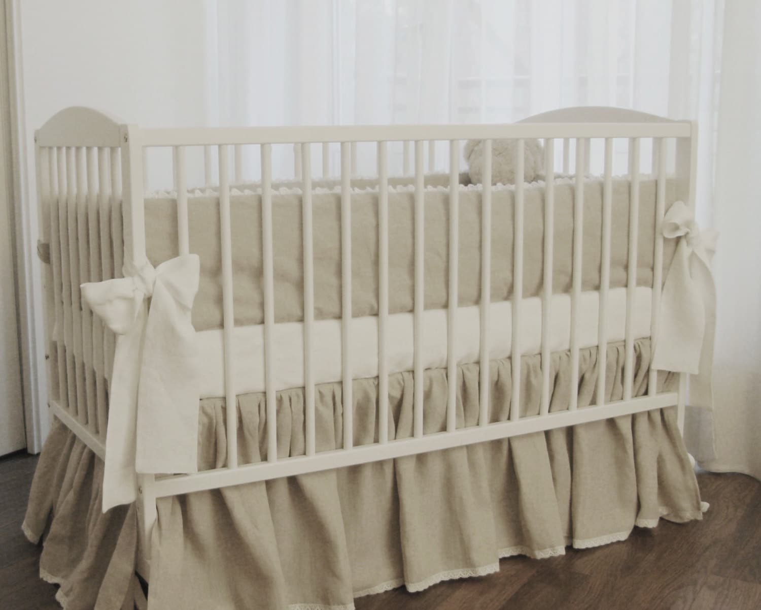 Linen crib bedding gathered skirt and 4 side bumper