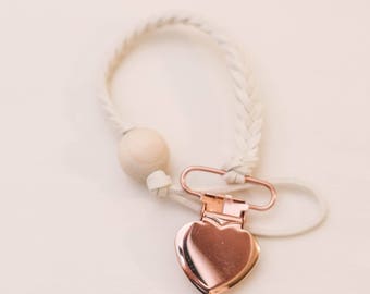 Rose Gold & Ivory Pacifer and Teether Clip, handmade, Faux Leather Braided with Wooden Bead / Binky Clip / Universal Clip / Baby Shower Gift