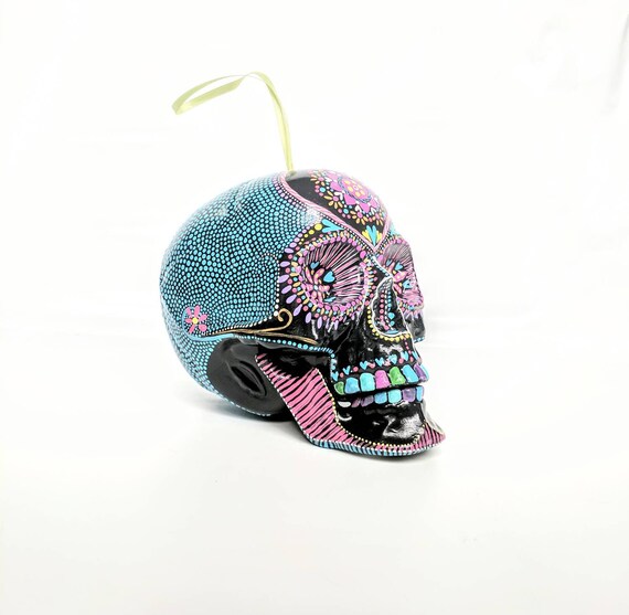 Large Skull ornament hand painted shatterproof Ornament sugar skull day of the dead