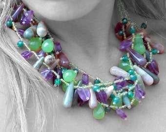 Unique Multi Stone Cluster Statement Necklace, Chunky Multi Strand Necklace, Green Purple Gemstone Designer Necklace, Multi Stone Jewelry