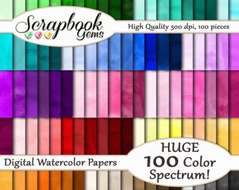 100 Colors Watercolor Papers, 100 Pieces, 12" x 12", 300 dpi High Quality JPEG files, Instant Download