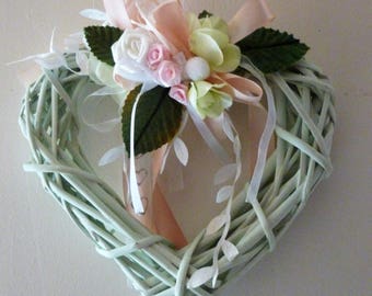 Wicker heart seafoam roses, ribbons: happiness