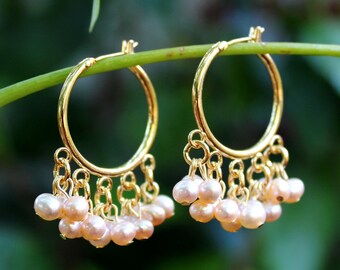 Freshwater Pearl Hoop Dangle Earrings.18K Gold Plated.Chandelier Earring.Statement.Bridal.Cluster Earring.Beadwork.Gift.Dainty.Handmade.