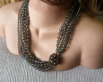 Vintage 60's "MULTI STRAND NECKLACE" Smokey Grey Color with Dual Look Six Strand