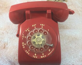 Mid-Century Red Bell System, ITT Rotary Dial Telephone -