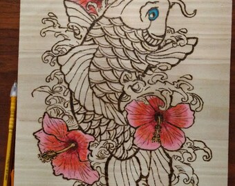 Pyrography Woodburning, Koi with Flowers 11"x8.5"