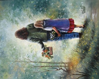 Mother and Daughter ORIGINAL painting, 12X16 garden mother, mom, Mothers Day art, canvas motherhood paintings, green blue art, Vickie Wade