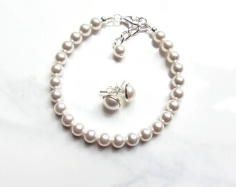 Pearl Bracelet & Earring Set, Bracelet Set, Bridesmaids Pearl Set, Bracelet Pearl, Pearl Stud Earrings, Bridesmaid Gifts, Bridal Party Gifts