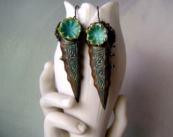 assemblage earrings, mixed media, glass flowers, lampwork glass, brass daggers, verdigris patina, bohemian artisan jewelry, AnvilArtifacts