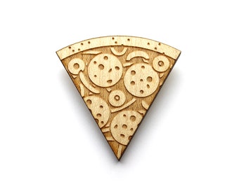 Pizza brooch - Pizza jewelry - maple wooden jewellery - wood and metal pin - lasercut minimalist jewelry