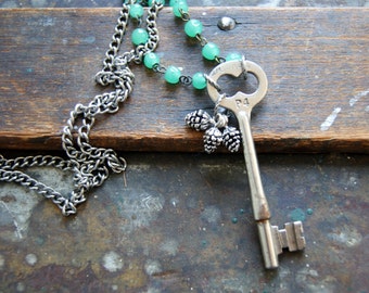 Skeleton Key Necklace with Silver Pine Cones - Vintage Steel Chain with Vintage Rosary Chain