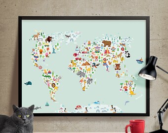 World Map Wall Art, Kids room Nursery decor, Animal World poster Map, Nursery wall art, Kids room decor, World Map Poster, Wall Art (306)