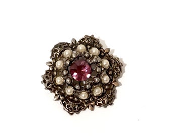 Vintage Victorian Revival Brooch Purple Amethyst Rhinestone Faux Seed Pearls Repousse Mid Century Scalloped Frame Gold Tone Vintage 1960s