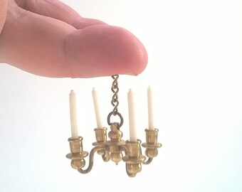 Vintage Miniature Brass Chandelier Candelabra - Tiny Little Candles - Doll House Collectables Holland
