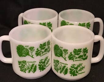 Vintage Glasbake Coffee Mugs Mid Century Vintage White with Herbs on the Cups, Farmhouse Kitchen, Country Kitchen. Set of 4
