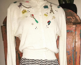 Rare vintage Parisian themed novelty cardigan sweater.