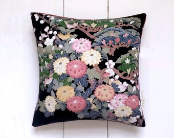 Pink and black Vintage Japanese Kimono Silk Fabric Cushion Pillow 'Flora Botanica' (1970's)