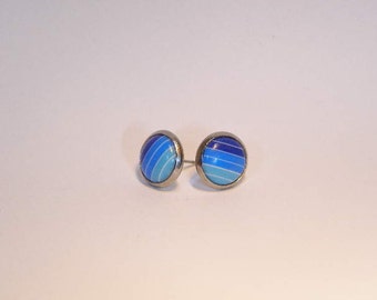 Small Blue Ombre Striped Cabochon Button Style Stud Earrings 10mm Kawaii Blue and White Stripe Stud Earrings Small Blue Stud Earrings