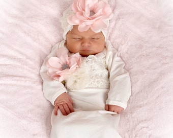 Newborn Girl Take Home Outfit, Ivory Layette Gown Cap with Blush Flowers, Newborn Gown