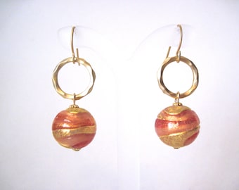 Peachy coral with gold swirl earrings Venetian glass