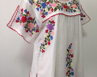 Mexican Embroidered Blouse Split Sleeve Cotton Top In White, Boho Blouse