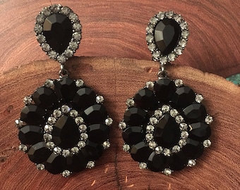 Black rhinestone earrings, black earrings, chunky clip on earrings, black prom earrings, large black pageant earrings