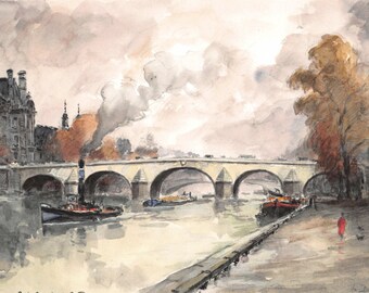 Paris watercolor of Seine river - 22 x 15 cm - 8.7 x 6 inches