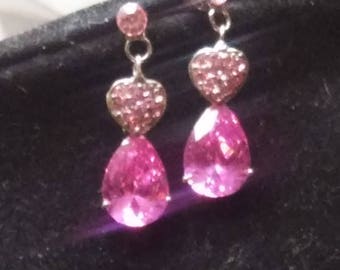 Silver Plated Dangle Earrings With Pink Swarovski Crystal And Pink Rhinestones