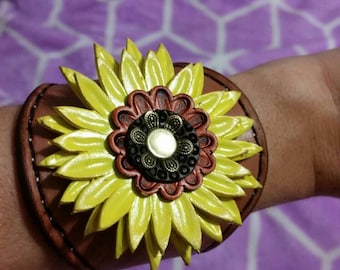 Leather sunflower cuff, made to order