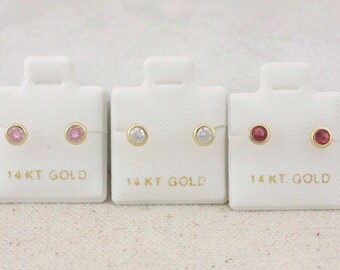 14K Yellow Gold Bezel, Stud 4mm, CZ Screw Back Earring, 14k Cz Baby Earrings, 14k Bezel 4mm Cz Stud Earrings, White, Pink and Red