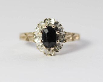 Hallmarked 9ct Gold Diamond Chip and Oval Sapphire Set Ladies Ring Size UK K 1/2 and US 5.50