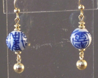 Blue and White Chinese Porcelain Longevity Earrings All Gold Filled