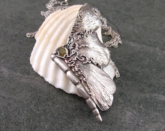 Gingko butterfly pendant #4, handmade eco friendly fine silver and peridot necklace-OOAK envy designs original