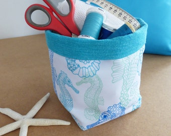 Craft storage, Fabric storage basket, Aqua, Seahorses, Coastal, Storage bin, Gift basket, Fabric basket, Kitchen organiser