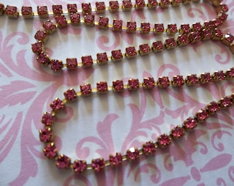 2mm Rose Pink Rhinestone Chain - Brass Setting - Preciosa Czech Crystals