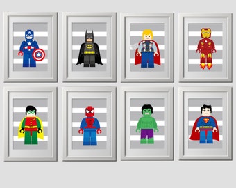 superhero wall art PRINTS, super hero, superhero set of 8 prints, shipped to your door, high quality 8x10 inch each, superhero nursery