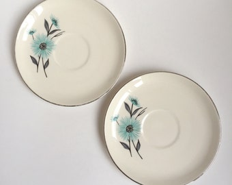 2 vintage turquoise flower saucers, silver rimmed