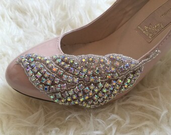Rhinestone Feather Blush Mary Jane Heels