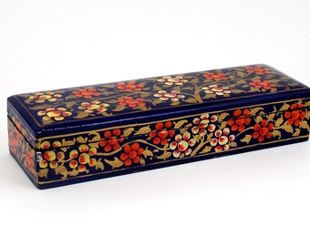 Vintage Lacquer Box Hand Painted Flowers on Blue Fitted Lid Gold Leaves 8" Long